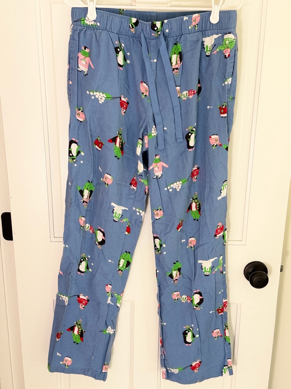 Old Navy Penguin Flannel Pajama Pants Womens Medium Tall Blue Cotton Holiday